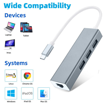 Tenmtoo Type- CUSB Ethernet Adapter 1000Mbps 4 Ports USB 3.0 Hub with RJ45 Gigabit Ethernet LAN Network Adapter