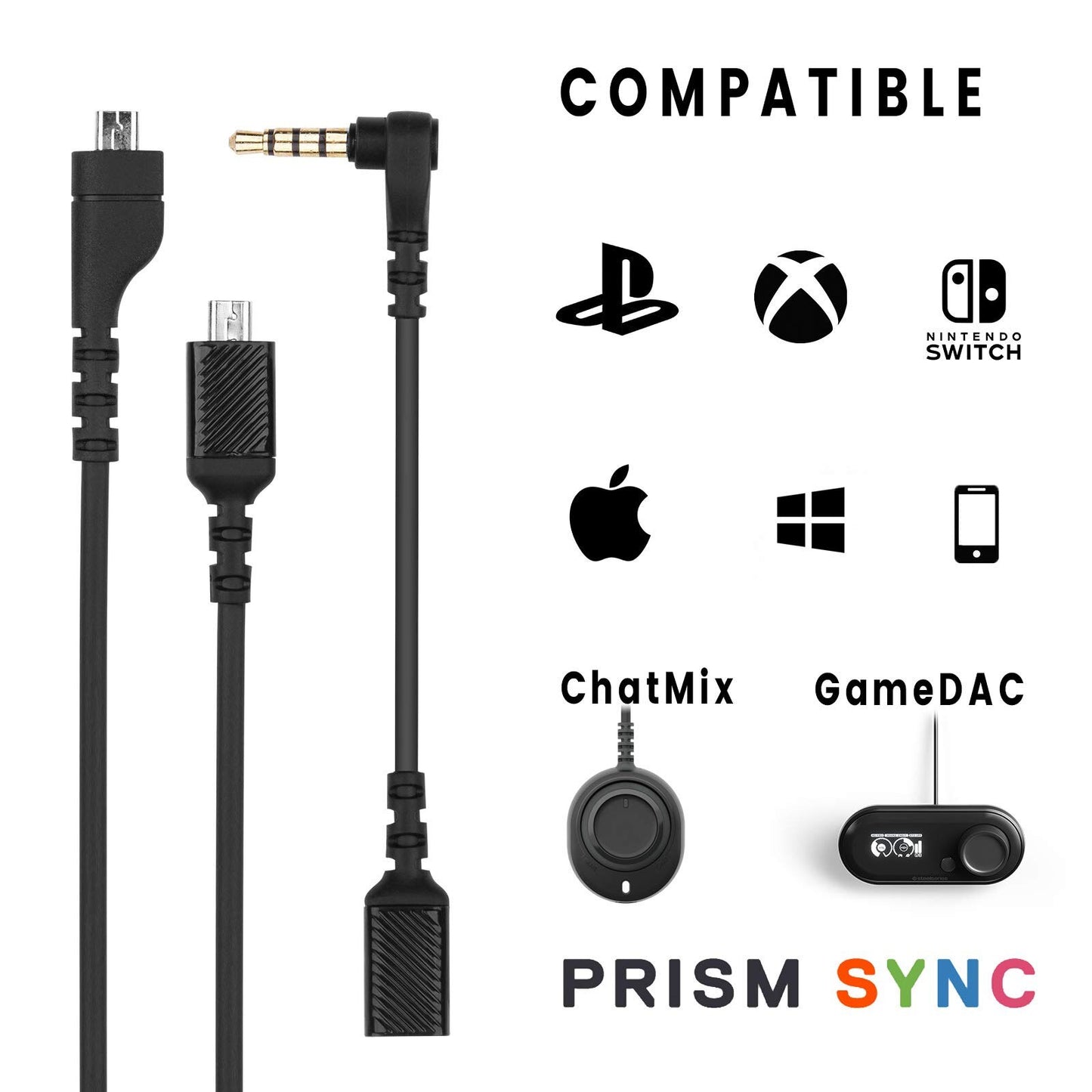 Replacement Cable GameDac Detachable Cord Supporting RGB for SteelSeries Arctis 3 5 7 Pro + Plus Wired Wireless Gaming Headsets