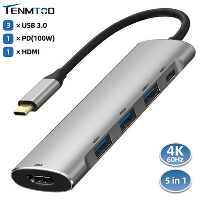 Tenmtoo USB C Hub 4K 60Hz 5 in 1 USB Hub Type C 3.1 to HDMI 100W Power Delivery 3 USB 3.0 Port