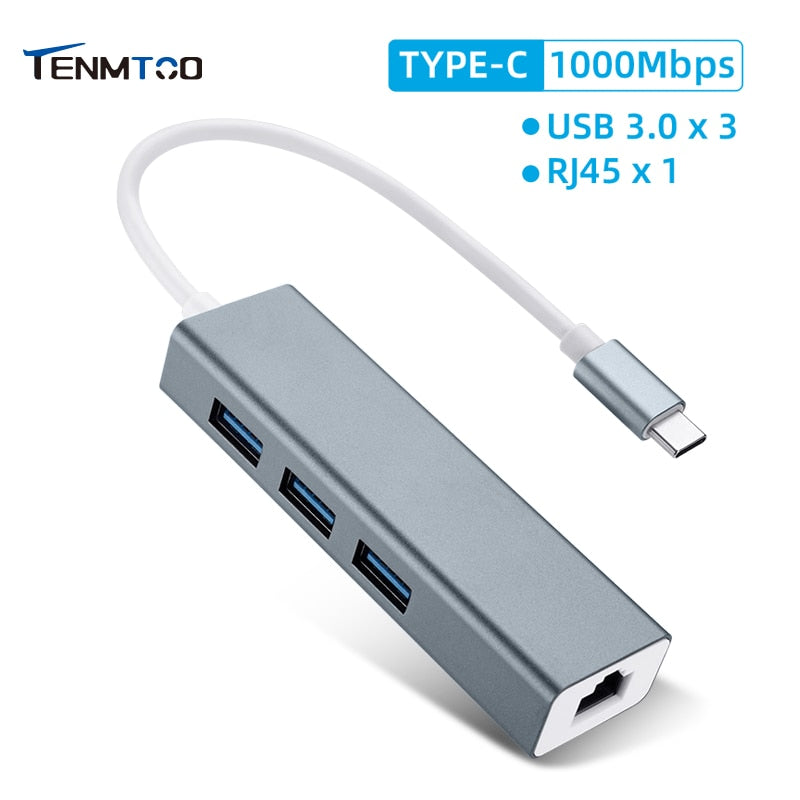 Tenmtoo Type- CUSB Ethernet Adapter 1000Mbps 4 Ports USB 3.0 Hub with RJ45 Gigabit Ethernet LAN Network Adapter